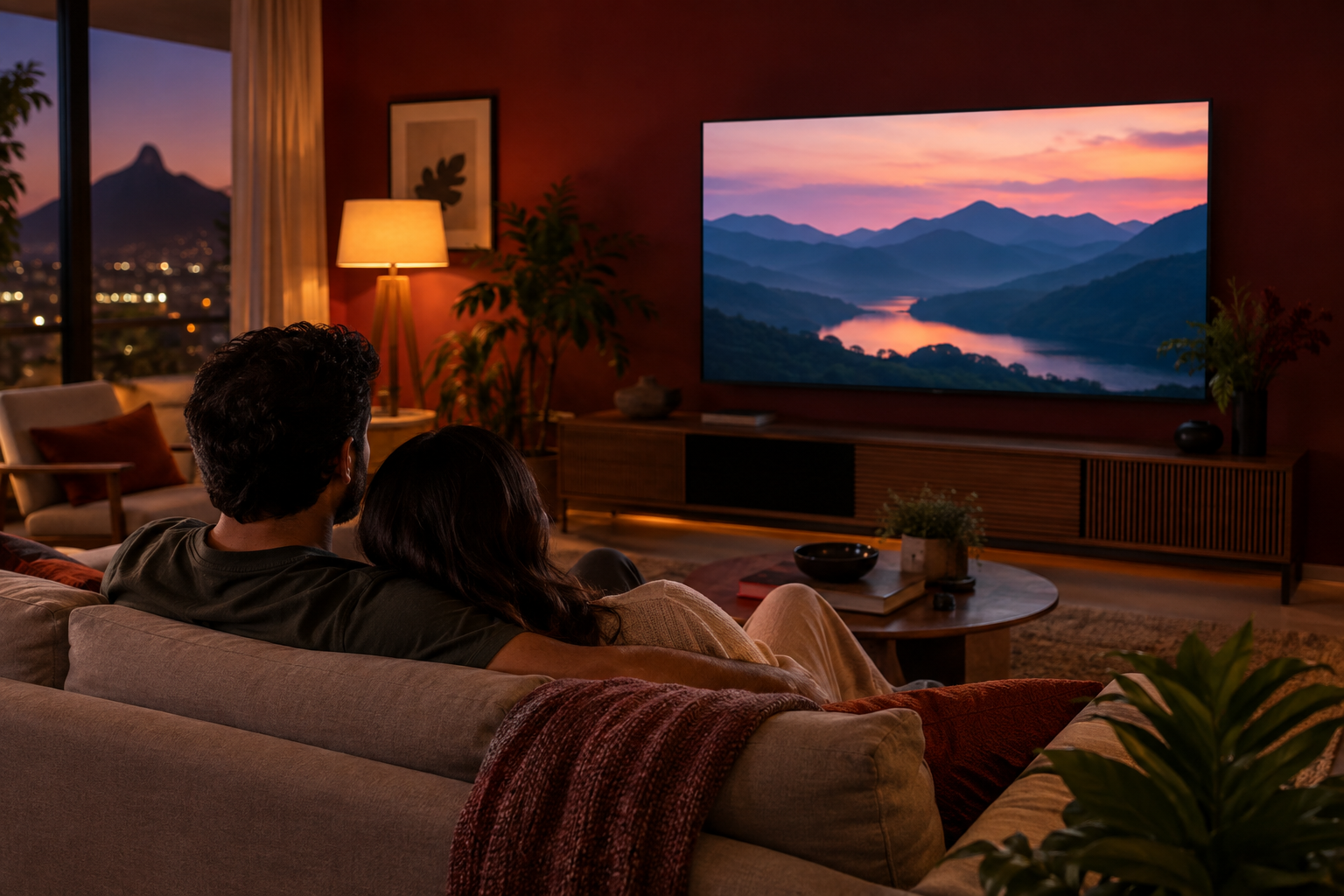 Casal assistindo televisão em uma sala à noite